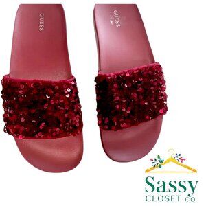 Guess Burgundy Sequin Statement Slide Sandals Glam Casual Size 10